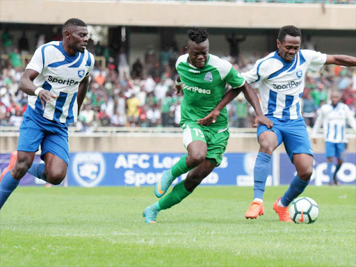 Gor’s Ephrem Gukan challenges Afc Leopards’ Edward Seda in a past match