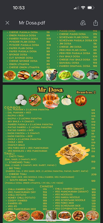 Mr. Dosa menu 