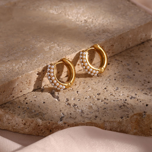 Title 12, Womens Simple Stainless Steel Gold Pearl Earri...
