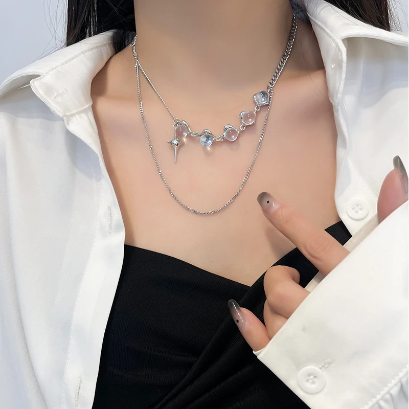Sweet Cool Hot Girl Light Luxury transparante ronde kralen asterisme ketting voor een stijlvolle en glamoureuze uitstraling.