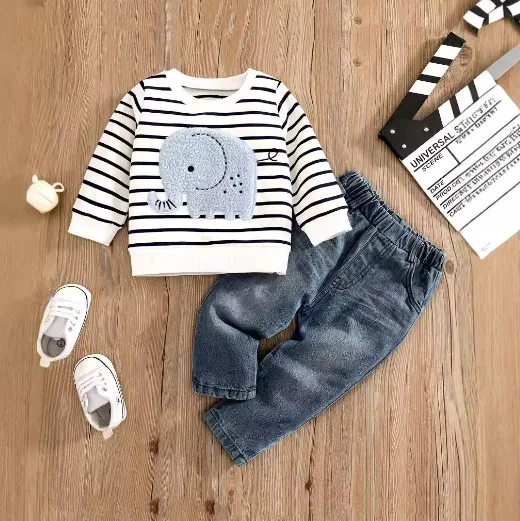 Baby Suit Embroidered Striped Long-sleeved Jeans Suit Comfortable & Stylish Outfit Perfect for Everyday Wear and Special