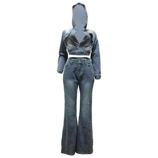 Title 18, Womens Denim Suit Hooded Cardigan and Bell-bot...