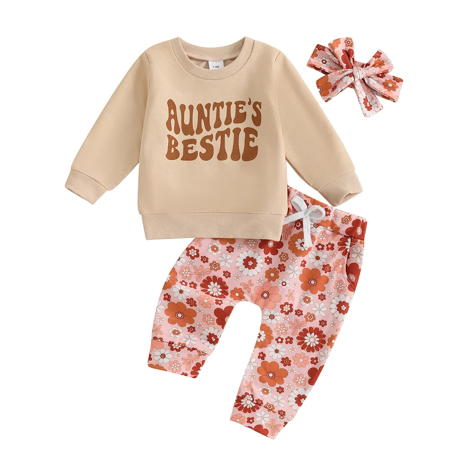 Ensemble Sweatshirt Bébé avec Lettres et Pantalon Floral, Doux et Confortable, Parfait pour le Jeu et le Quotidien, Look Décontracté et Mignon