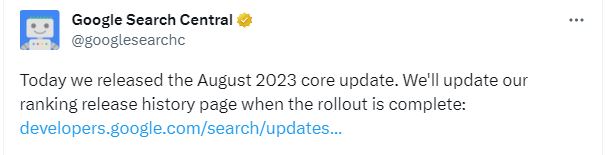 خبر شروع آپدیت جدید گوگل از اکانت توئیتر Google Search Central در روز 22 آگوست 2023 منتشر شد