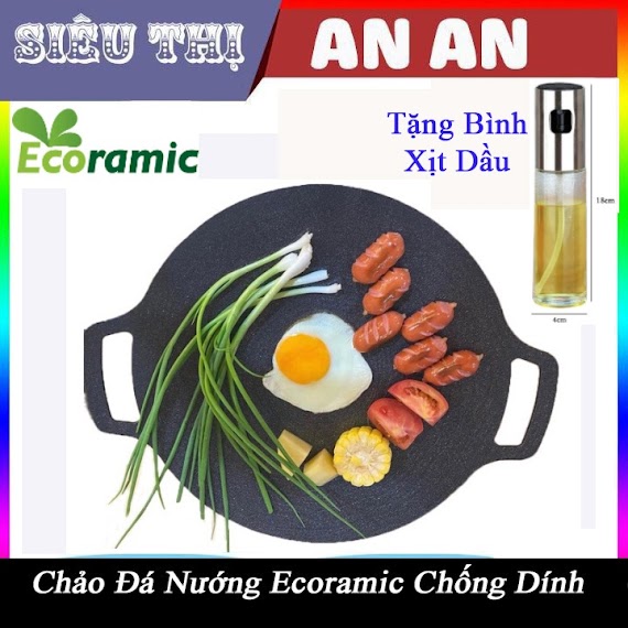 Ecoramic - Chảo Đá Nướng 33 Cm Chống Dính Hàn Quốc Xuất Khẩu Tặng Bình Xịt Dầu