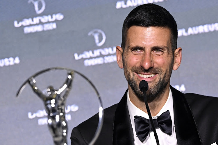 Novak Djokovic speaks at the Winners Press Conference at the Laureus World Sports Awards Madrid 2024 at Galería De Cristal in Madrid, Spain on Tuesday nigh.