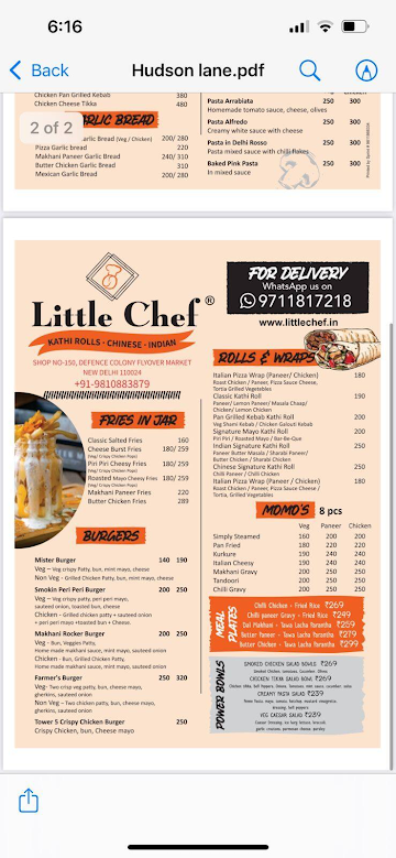 Little Chef Cafe menu 