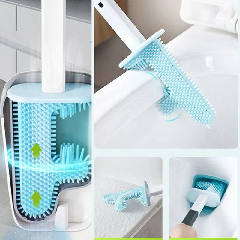 Wandgemonteerde badkamerreinigingsborstel zonder dode hoeken met emmer, voor effectieve reiniging en hygiëne.