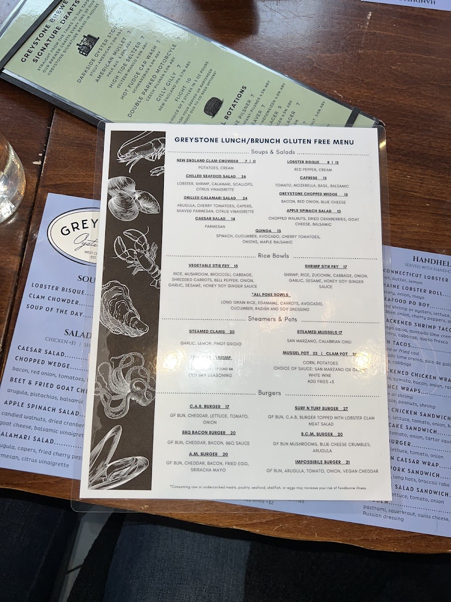 Greystone Oyster Bar gluten-free menu