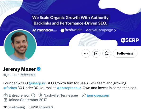 Jeremy Moser Twitter profile. 