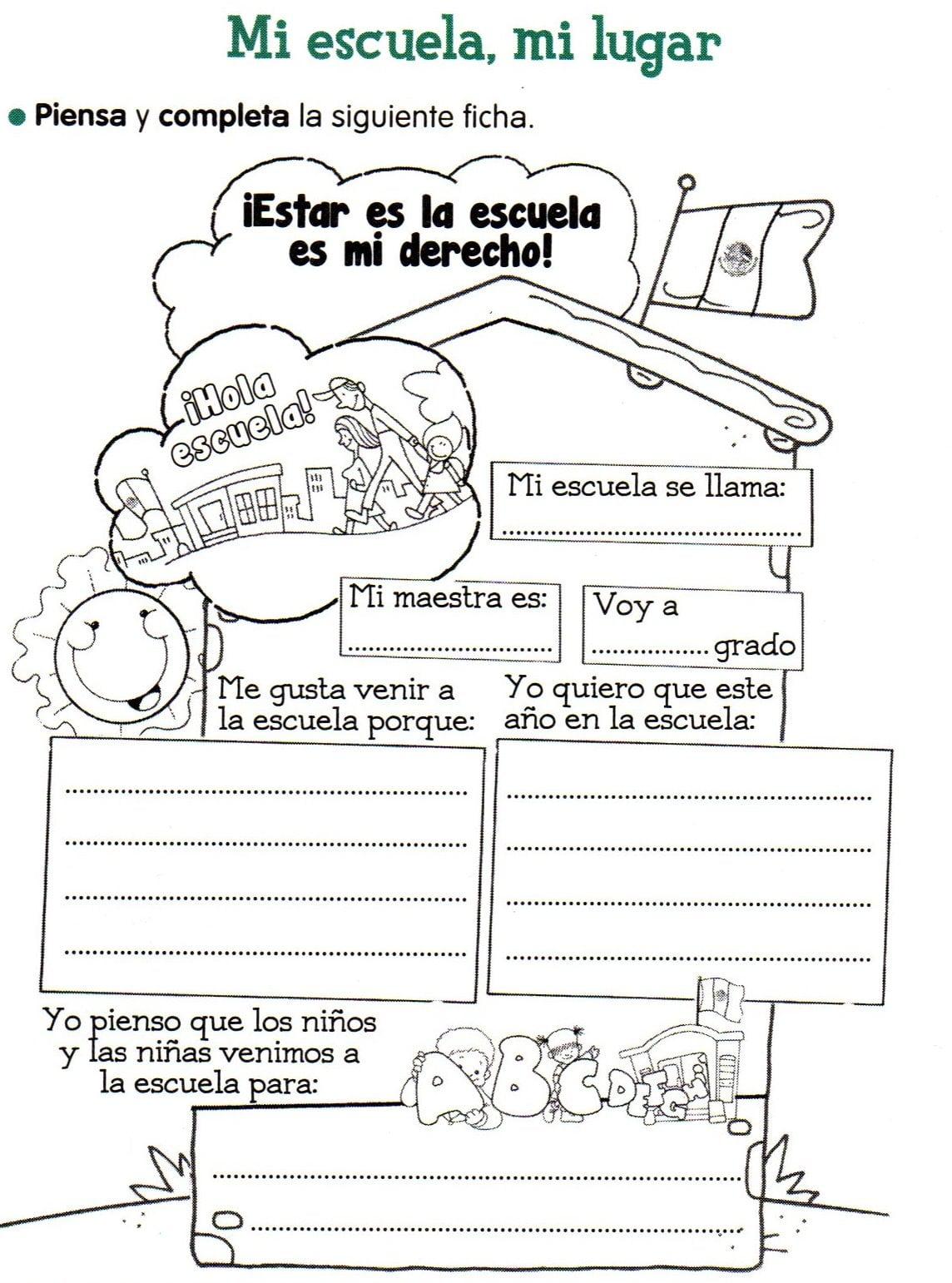 Puede ser una imagen de texto que dice "Mi escuela, mi lugar Piensa y completa la siguiente ficha. iEstar es la escuela es mi derecho! escuela! ¡Hola Mi escuela se llama: Mi maestra es: Voy a Me gusta venir a la escuela porque: Yo quiero que este año en la escuela: Yo pienso que los niños y las niñas venimos a la escuela para:"