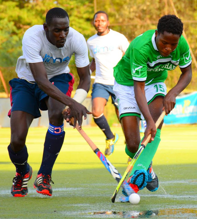 Sailors' Moses Omamo(L) challenge Nimrod Bisonga of Greensharks during the KHU league match at the City Park Stadium on Wednesday