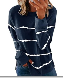 Damen-Sweatshirt mit Batikmuster, gestreift, Rundhalsausschnitt, lockeres Langarm-Sweatshirt