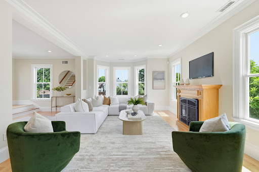 Buy this luxury apartment / penthouse in Watertown (United States) - Modern living room with white sofa and green armchairs