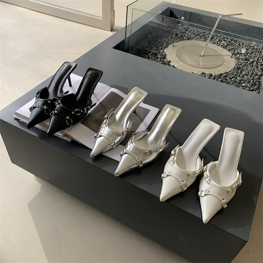 Title 20, Pointed Stiletto Toe Cap Semi Slipper with Belt...