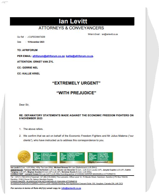 Letter sent by Ian Levitt lawyers to AfriForum. AfriForum confirmed to have received the letter.