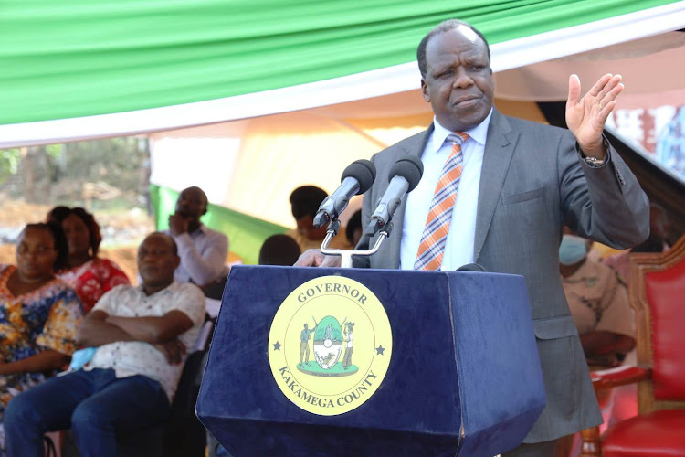 Kakamega Governor Wycliffe Oparanya address the public after launching construction of the Butere level 4 hospital at the Butere sub-county headquarters on Tuesday