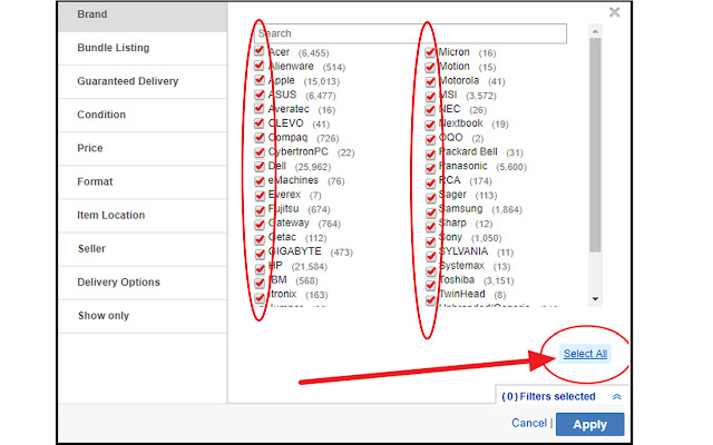 Check/Select all checkboxes on EBAY chrome extension