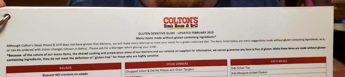 Colton's Steak House gluten-free menu