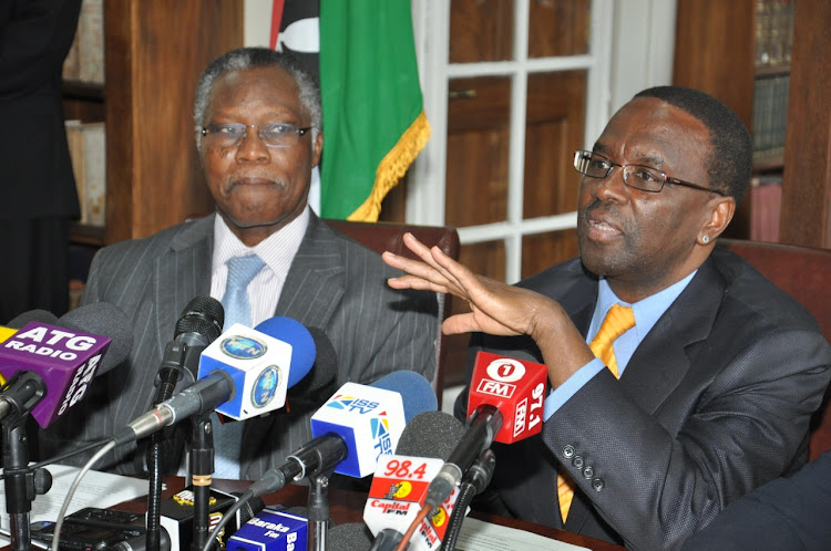 Then JSC commissioner Samuel Kobia with former Chief Justice Willy Mutunga during a press conference at Supreme Court in 2013.