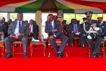 Prime Cabinet Secretary Musalia Mudavadi, President William Ruto and Commissioner General of Prisons of Kenya Brigadier John Kibaso Warioba during the Pass out parade of cadet officers held in Kiambu County on April 24,2023.