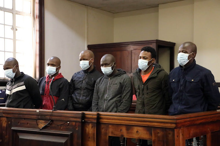 The six accused in the murder of Babita Deokaran appearing at Johannesburg Magistrates court, where their case was postponed to December 20 2021.