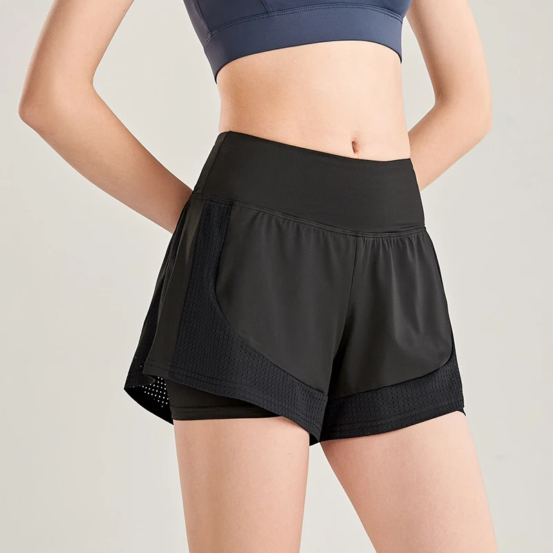 Calças de yoga fitness de cintura alta com design de corrida falso. Perfeitas para exercícios, proporcionam conforto e suporte durante treinos intensos.