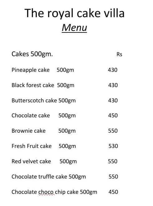 The Royal Cake Villa menu 