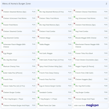 Asma's Burger Zone menu 