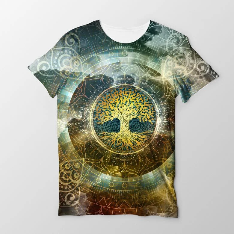 T-shirt Mcashe Arbre de Vie avec imprimé énergétique, col rond, manches courtes. Confort et style spirituel pour tous les jours.