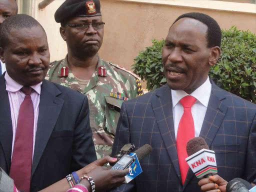 Nyeri county commissioner Onesmus Musyoki, county AP boss Njue Njagi and KFCB chief executive Ezekiel Mutua in Nyeri yesterday/WAMBUGU KANYI PHILIP