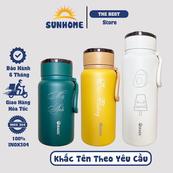 Bình Giữ Nhiệt Inox 304 Sunhome Bình Nước Khắc Tên Giữ Nhiệt Lên Tới 12H Dung Tích Từ 1000Ml - 1500Ml Baol