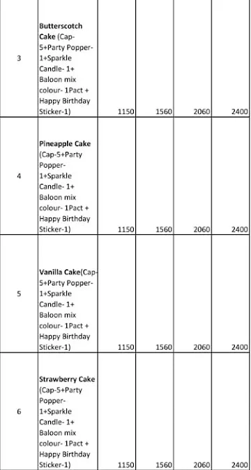 Cake 24X7 menu 