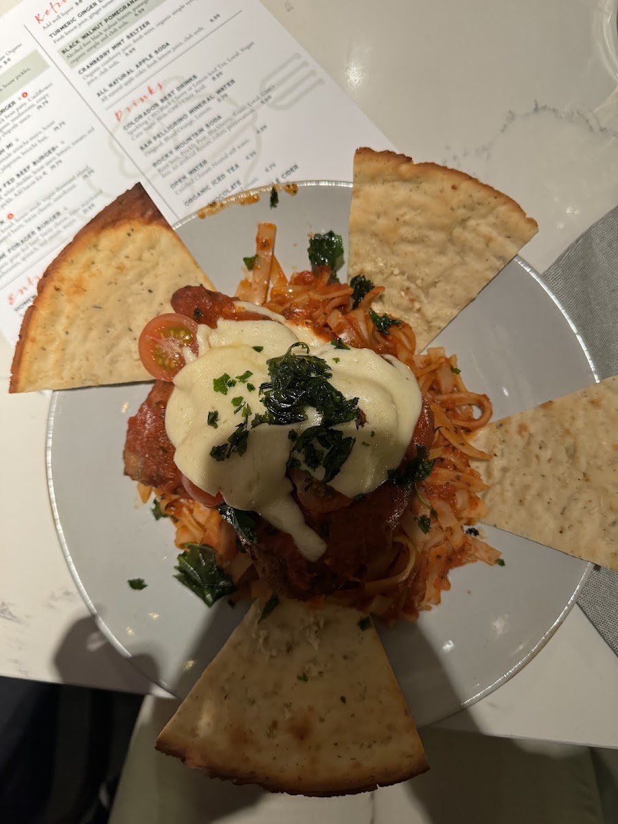 Chicken parm with rice noodles