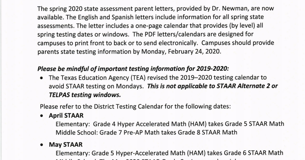 2020 NEISD District Testing Letter Memo.pdf