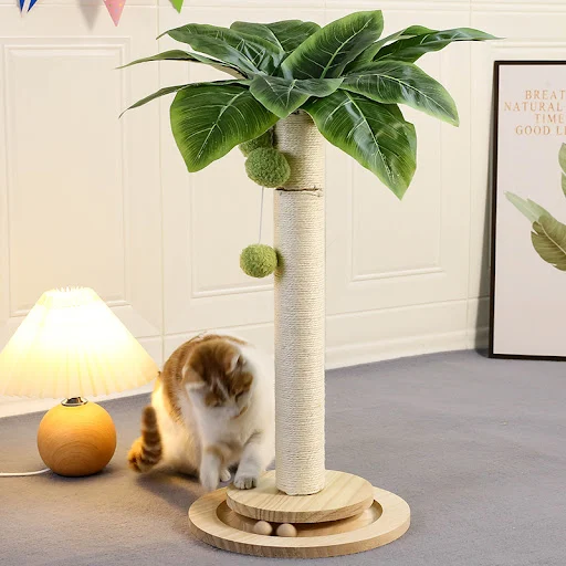 Cat Scratching Post with Hanging Balls, Natural Sisal Rope Scratch Post Tree Kitten Interactive Toy with Wooden Track Ba