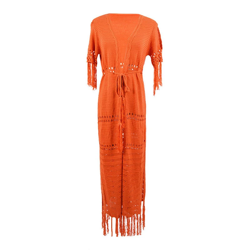 Groothandel Europese en Amerikaanse tassel gebreide cardigan, lange strandjas, gevlochten riem, badpak blouse, zonbescherming.