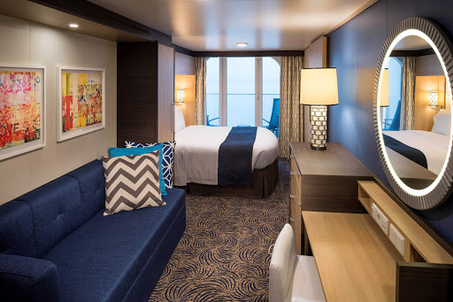 An Ocean View Balcony stateroom on Ovation of the Seas (digital rendering). 