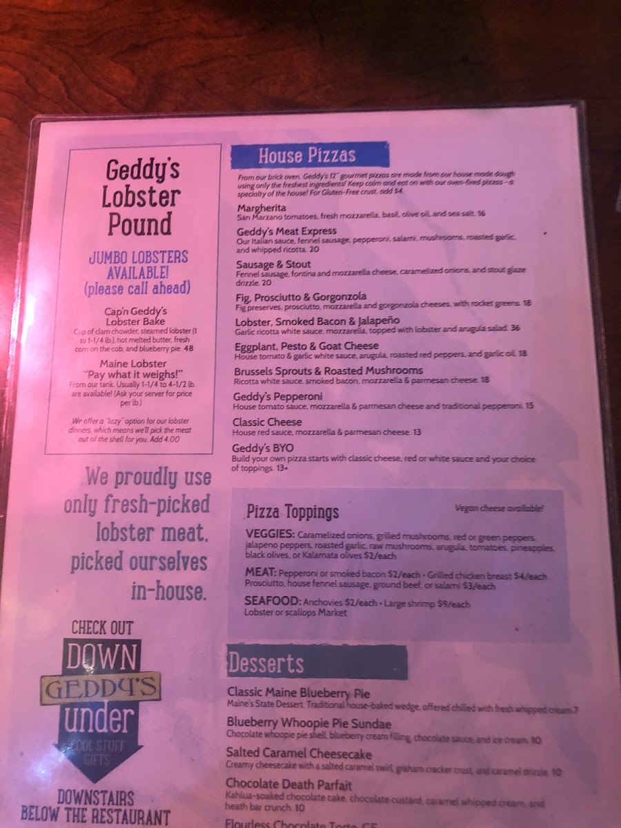 Geddy's gluten-free menu