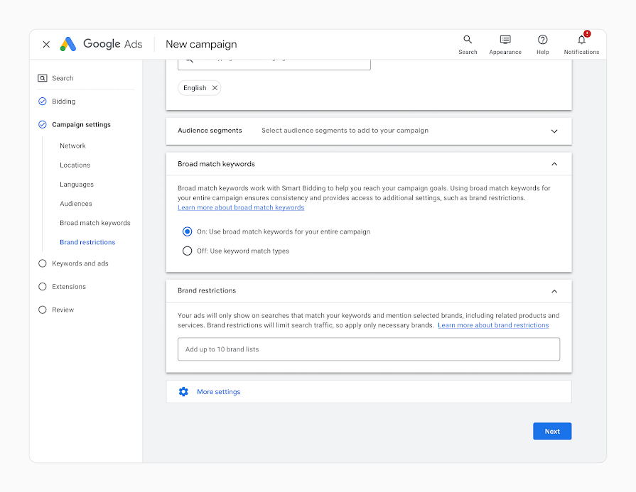 Screenshot of the broad match campaign setting in the Google Ads UI