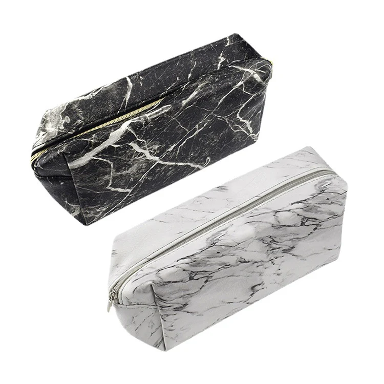 Bolsa de cosméticos grande em couro PU com padrão de mármore, armazenamento de pincéis, suporte OEM e personalização.