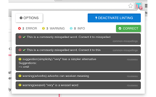 OPTIONS DEACTIVATE LINTING WARNING commonly misspelled misspelled commonly misspelled suggestion(simplicity) alternative Suggestions: warning(adverbs) meaning warning(weasel) 