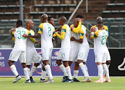 Lyle Lakay of Sundowns (r) celebrates goal with teammates during the Absa Premiership 2018/19 football match between Supersport United and Sundowns at Lucas Moripe Stadium, Pretoria on 02 December 2018.