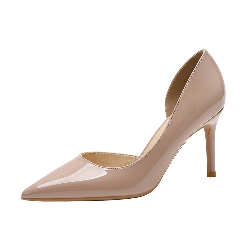 Tacones altos de aguja para mujer, nude, de charol, de lado abierto, stilettos perfectos para eventos especiales y lucir elegante
