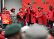 EFF leader Julius Malema at Wednesday's picket. Among astonishing claims, Malema said the Rupert family could contaminate the air 'and kill all of us'. He said they owned everything, including Absa, FNB and Standard Bank, and decided who became an advocate or engineer.