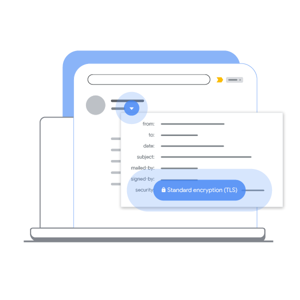 Image statique montrant où vérifier la sécurité d'un e-mail reçu. Dans l'image, un utilisateur clique sur la flèche du menu déroulant à côté du nom du destinataire, puis ouvre une fenêtre pop-up qui affiche les informations relatives à la sécurité de l'e-mail.