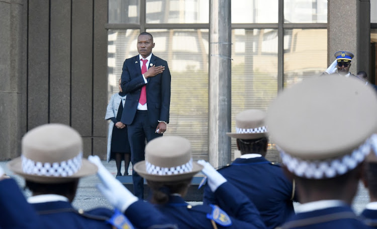 Johannesburg mayor Kabelo Gwamanda at the parade with JMPD before entering the council chamber to deliver the state of the city address on June 6 2023.