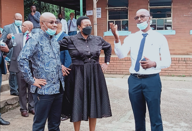 MEC Kwazi Mshengu, deputy minister of basic education Reginah Mhaule and Georgetown school principal Simon Mahlaba during a visit on Wednesday, as KwaZulu-Natal schools reopened. Picture: MFUNDO MKHIZE