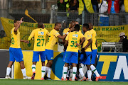 Keletso Makgalwa of Mamelodi Sundowns celebrates scoring a goal with teammates during the MTN 8, quarter final match between Mamelodi Sundowns and Bloemfontein Celtic at Lucas Moripe Stadium on August 17, 2019 in Pretoria, South Africa.