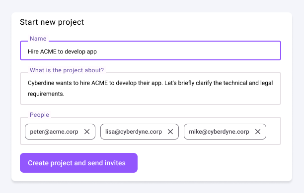 Create new project dialogue. It shows a name, description and people field where you can enter email addresses.